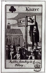 Der Bube der Kreuz, aus einem Kartenspiel zum Popish Plot von 1678 und der Verurteilung von Nathaniel Reading, 1679